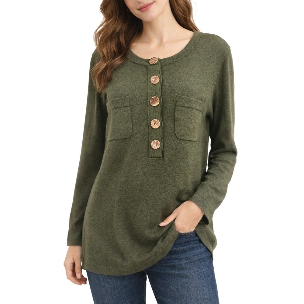 Soft Surroundings Womens Sweater M Olive Green Knit Button Front Pockets Earthy‎